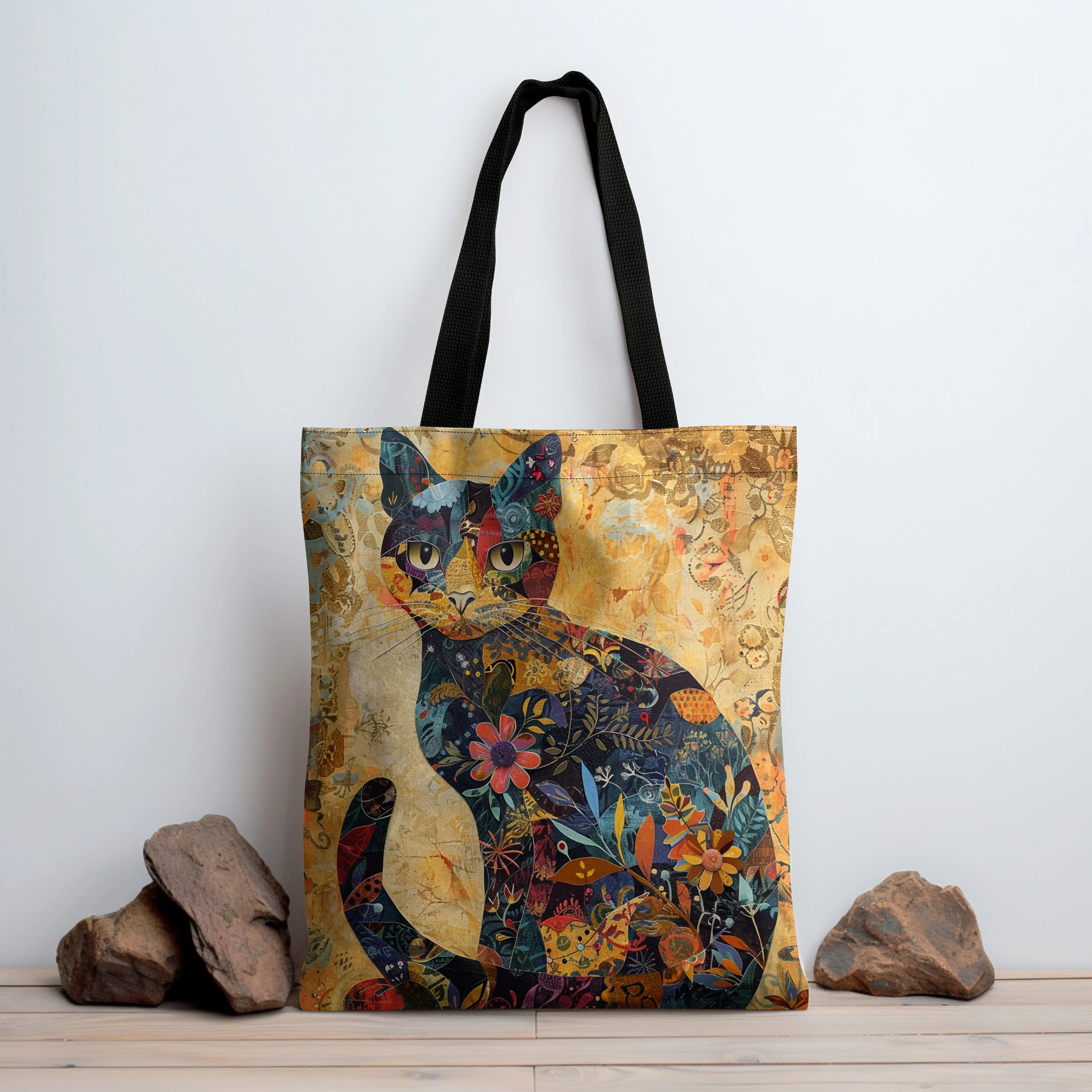 Floral Cat Art Print Tote Bag - Large Capacity Canvas Shopping Bag for Groceries