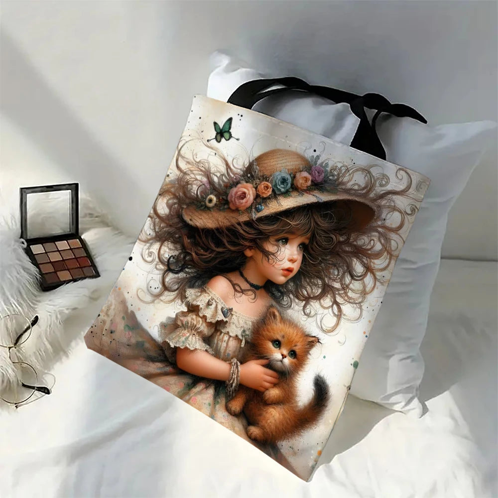 Cute Cartoon Girl Tote Bag - Foldable Reusable Design - Shopping & School Shoulder Bag 30x35cm