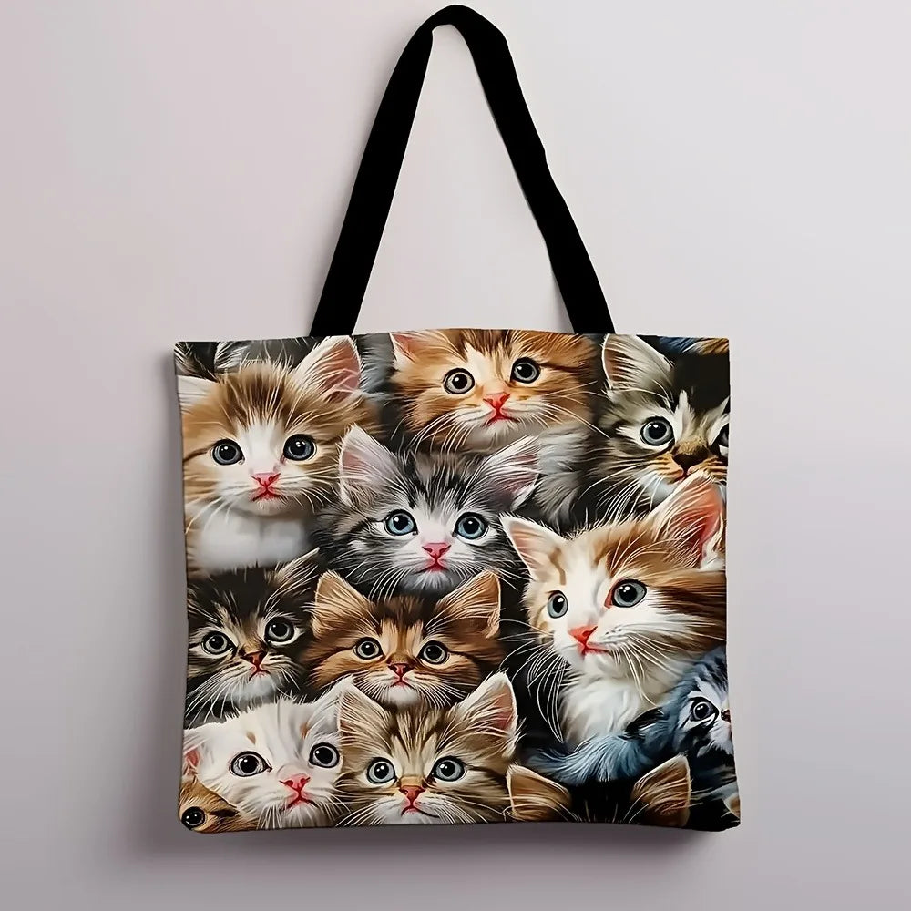 Adorable Kitten Tote Bag - Cute Cartoon Cat Design | Reusable Foldable Polyester Shopping Bag for Cat Lovers, Grocery & Travel