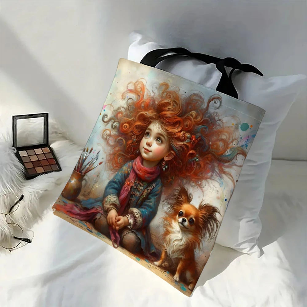Cute Cartoon Girl Tote Bag - Foldable Reusable Design - Shopping & School Shoulder Bag 30x35cm
