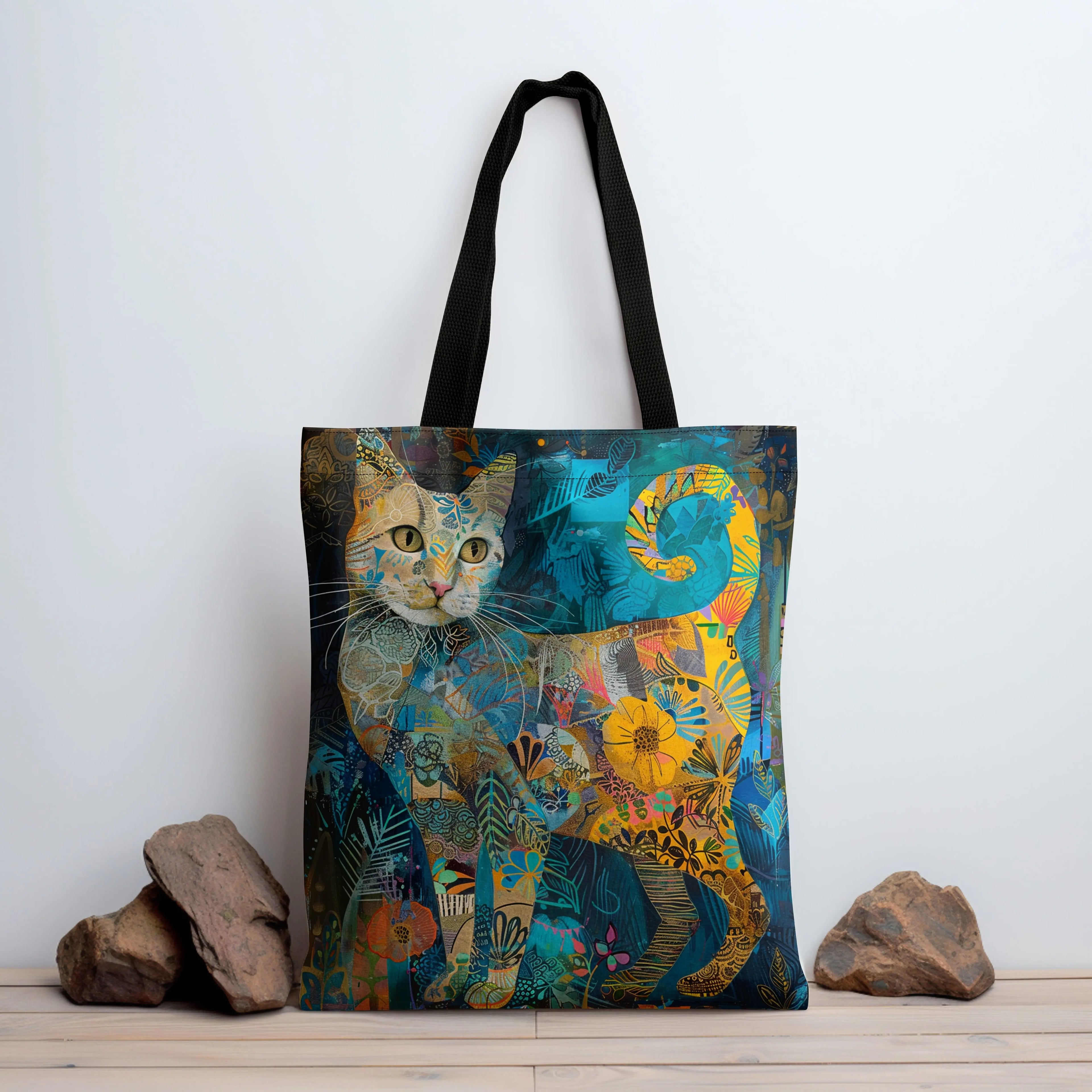 Floral Cat Art Print Tote Bag - Large Capacity Canvas Shopping Bag for Groceries