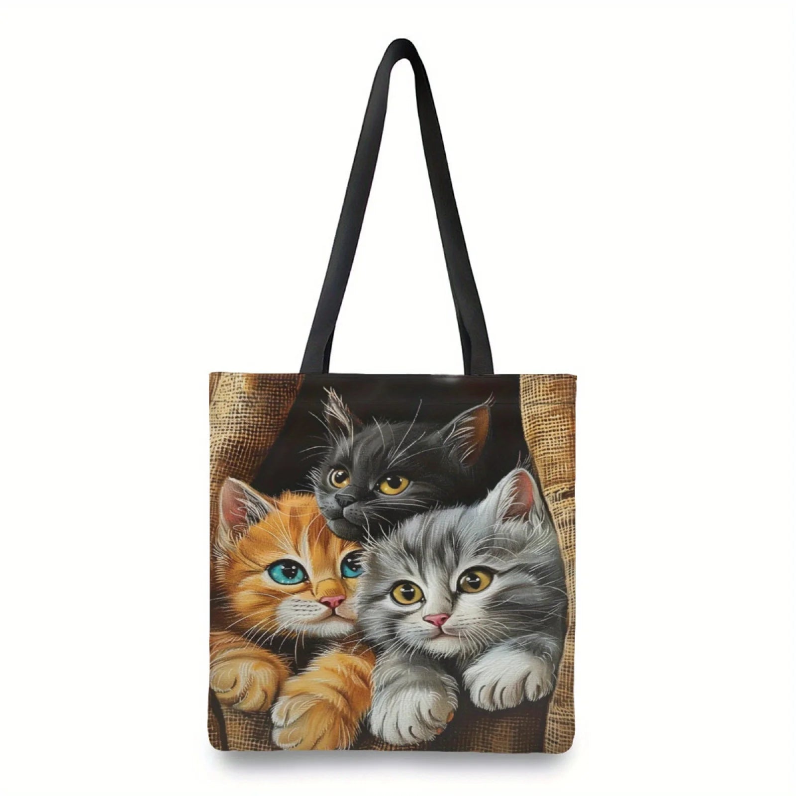 Adorable Kitten Tote Bag - Cute Cartoon Cat Design | Reusable Foldable Polyester Shopping Bag for Cat Lovers, Grocery & Travel