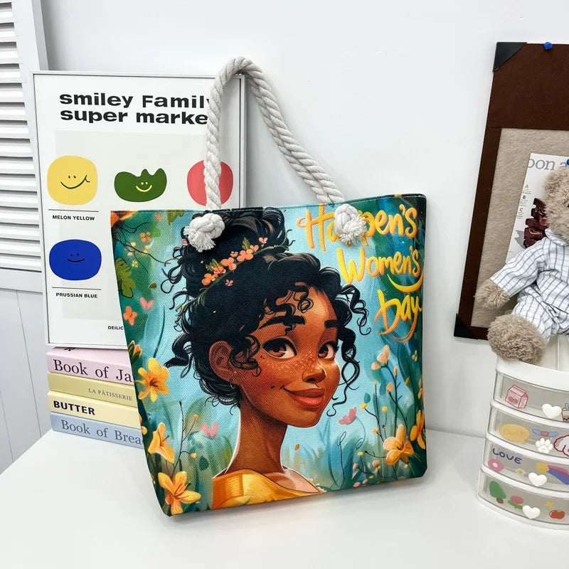 Women's Large Canvas Tote Bag - Beach Shopping Bag with Thick Rope Handles | Creative Printed Design