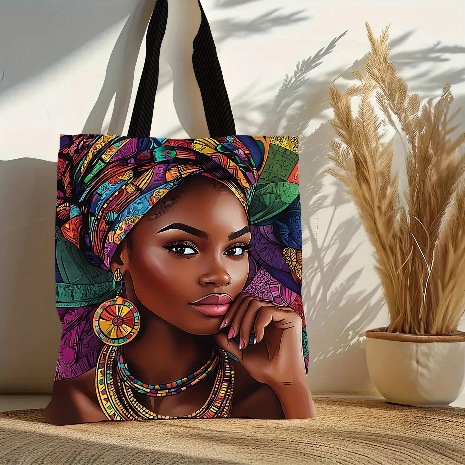 African Print Linen Tote Bag for Women - Lightweight Shoulder Bag for School, Shopping & Everyday Usese