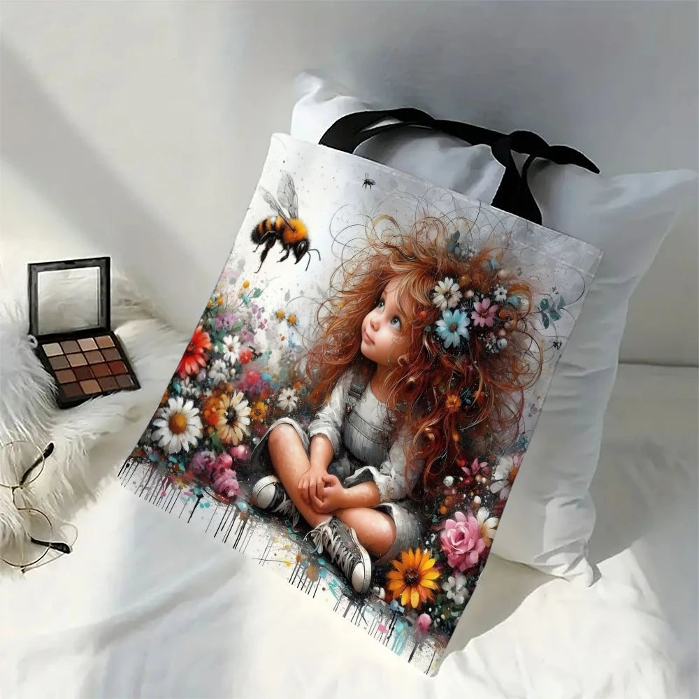 Cute Cartoon Girl Tote Bag - Foldable Reusable Design - Shopping & School Shoulder Bag 30x35cm