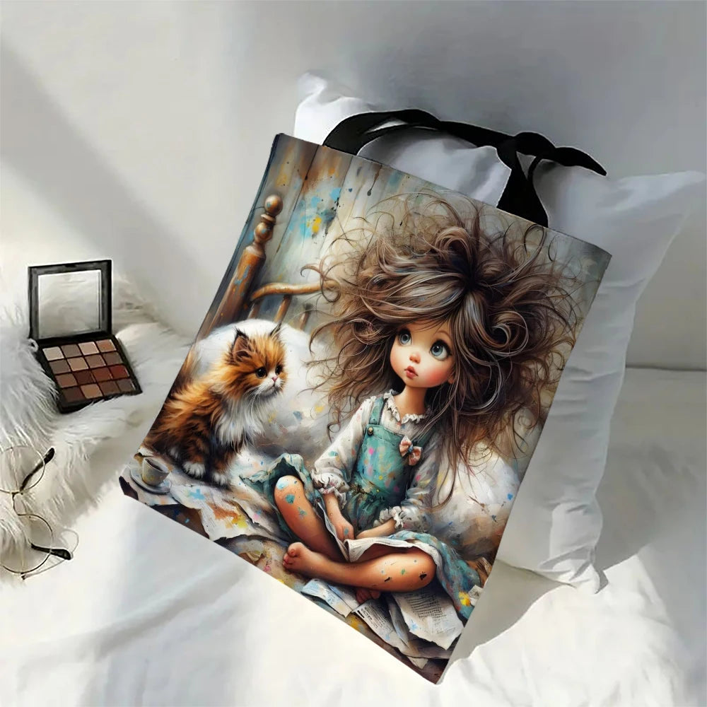 Cute Cartoon Girl Tote Bag - Foldable Reusable Design - Shopping & School Shoulder Bag 30x35cm