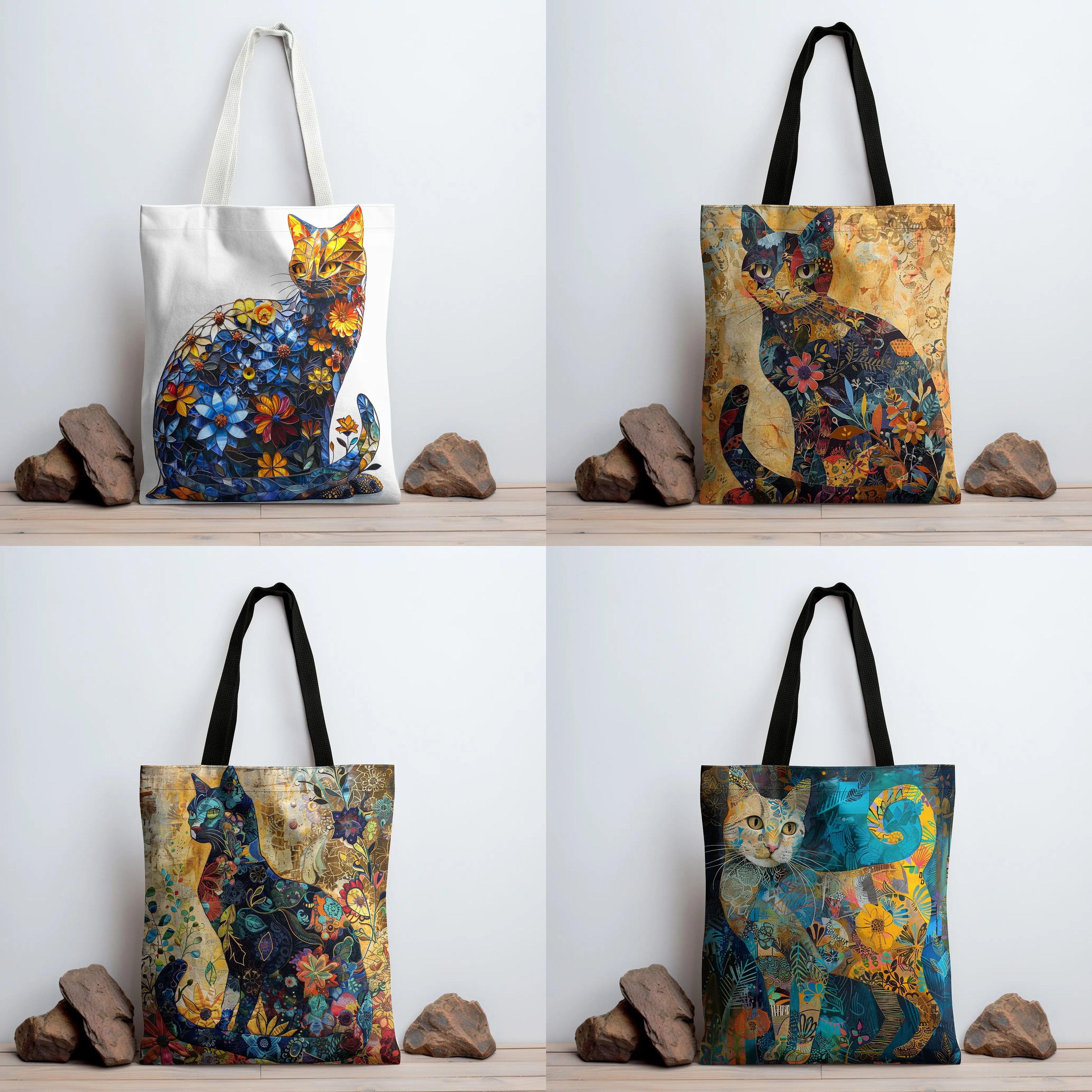 Floral Cat Art Print Tote Bag - Large Capacity Canvas Shopping Bag for Groceries